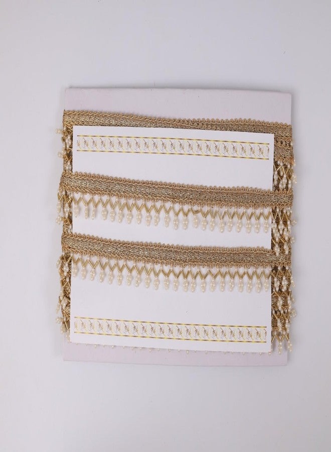 Anida lace for Saree Indian Beaded Tassels Lace Trim for Dress Embellishments for Crafting, Sewing and Cloth Accessories 9meter (Pack of 1) (Gold and White 1) - Image 3